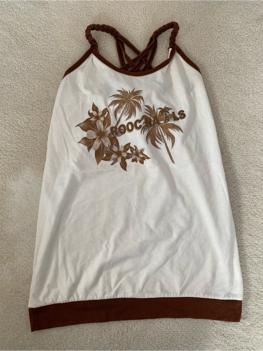 White & Brown Floral Palm Halter Tank Top